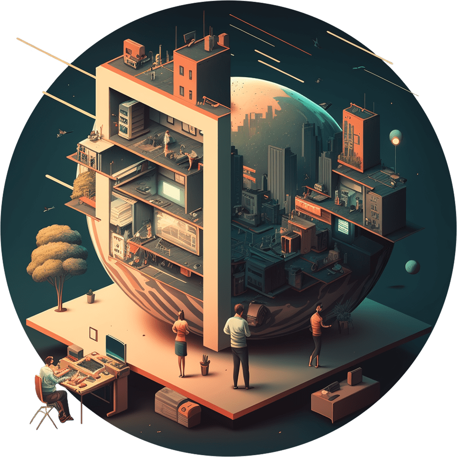 Zukunftssituation, Weltkugel und Haus verschmelzen, Menschen arbeiten gemeinsam an der Welt